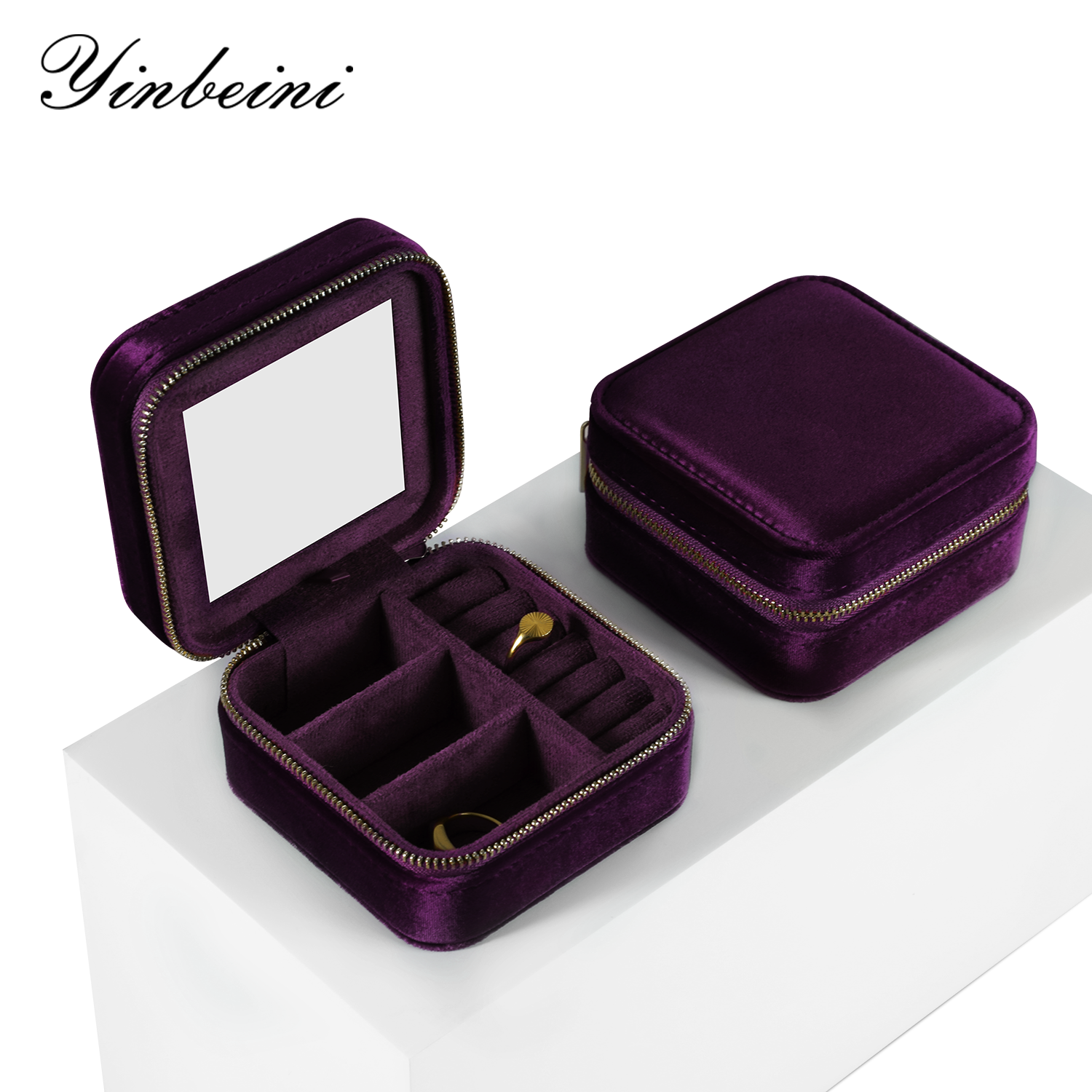 Yinbeini Purple Zippered Jewelry Organizer Stores Earrings Rings Necklaces and Bracelets Includes a Built-in Mirror for Easy Wearing BX001