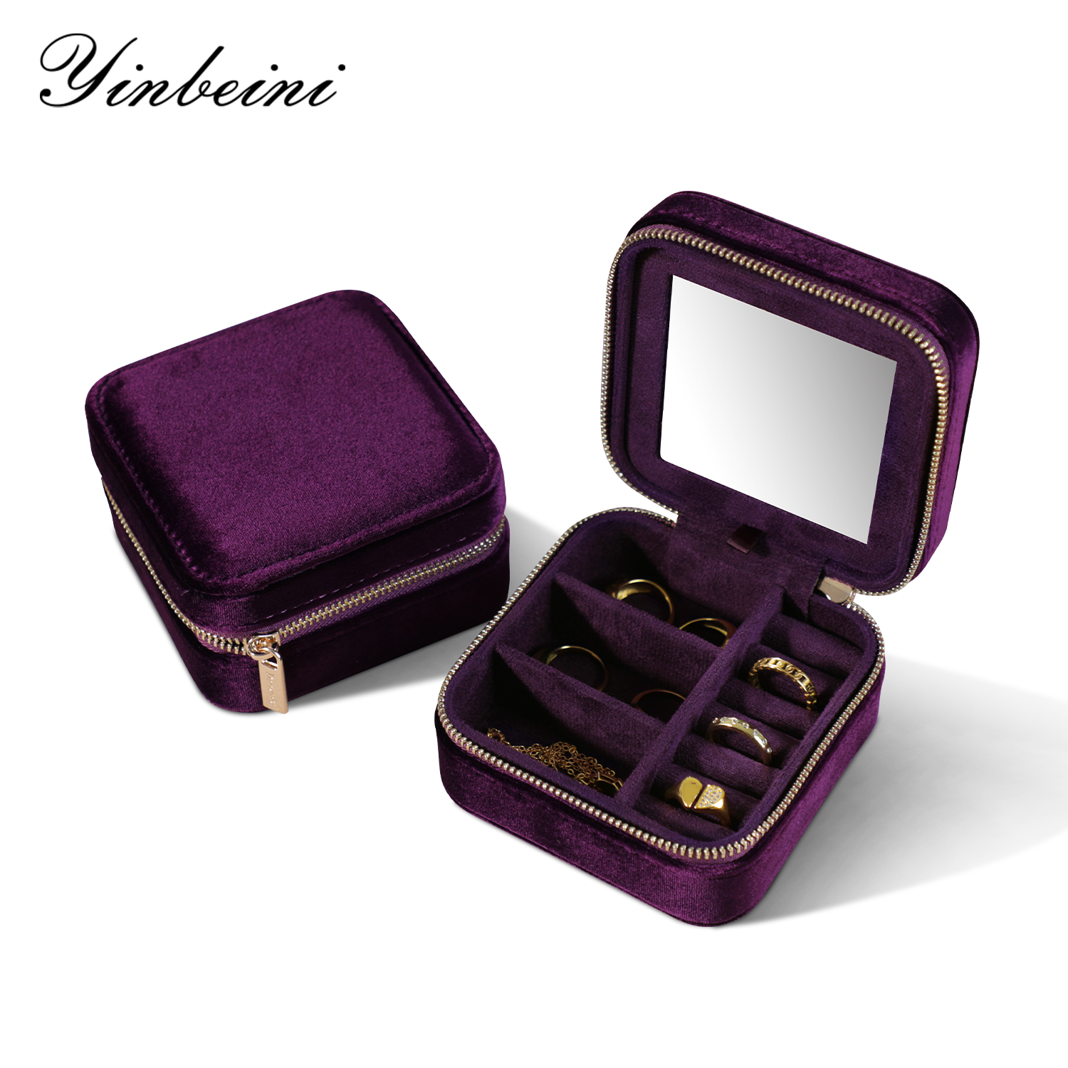 Yinbeini Purple Zippered Jewelry Organizer Stores Earrings Rings Necklaces and Bracelets Includes a Built-in Mirror for Easy Wearing BX001