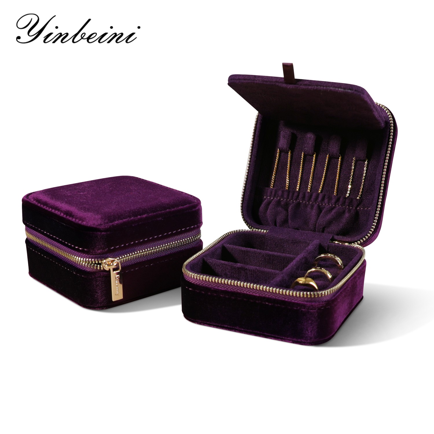 Yinbeini Purple Zippered Jewelry Organizer Stores Earrings Rings Necklaces and Bracelets Includes a Built-in Mirror for Easy Wearing BX001