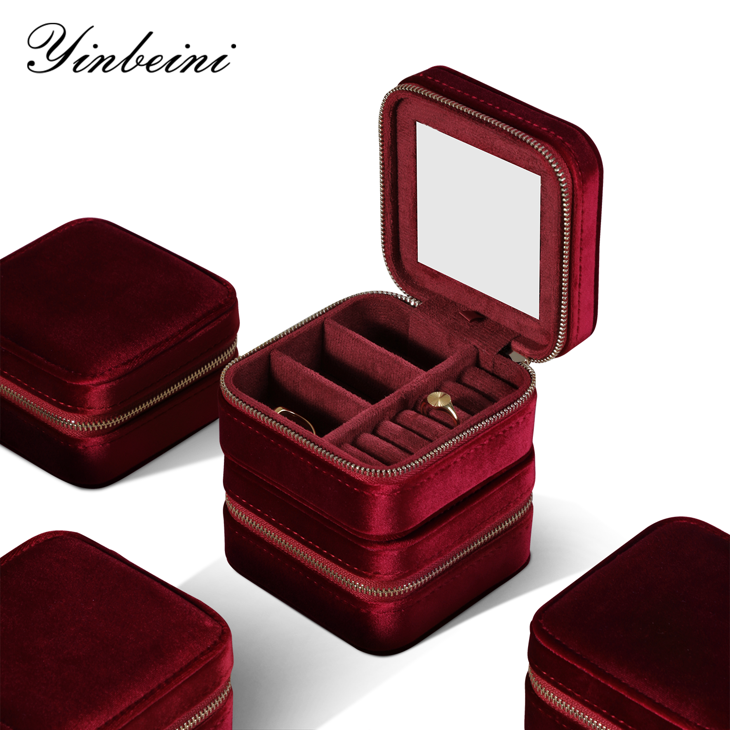 Yinbeini Classic Red Portable Zipper Pouch with Mirror Convenient Storage for Earrings Rings and Jewelry BX001