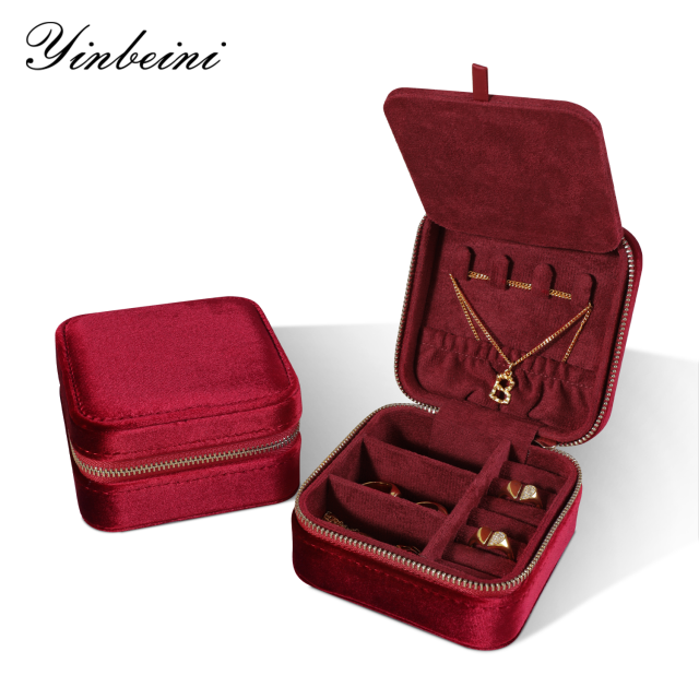 Yinbeini Classic Red Portable Zipper Pouch with Mirror Convenient Storage for Earrings Rings and Jewelry BX001