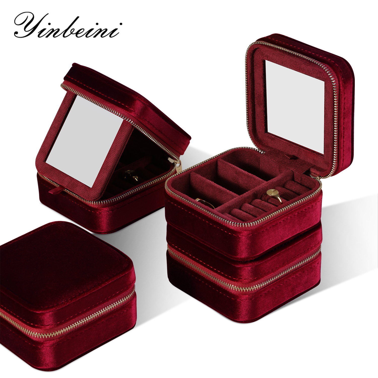 Yinbeini Classic Red Portable Zipper Pouch with Mirror Convenient Storage for Earrings Rings and Jewelry BX001