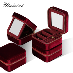 Yinbeini Classic Red Portable Zipper Pouch with Mirror Convenient Storage for Earrings Rings and Jewelry BX001