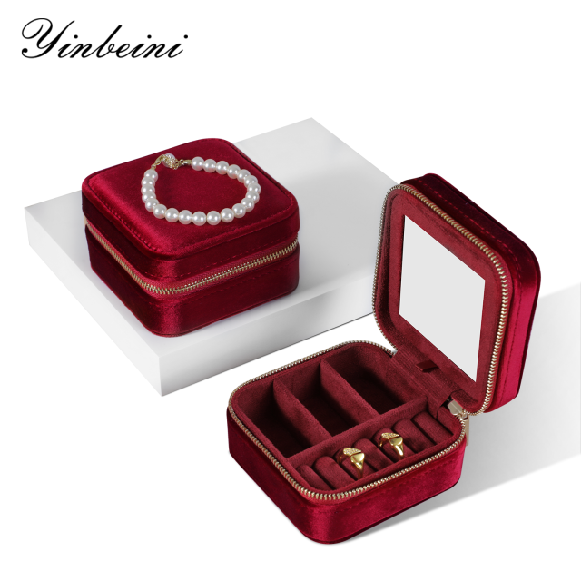 Yinbeini Classic Red Portable Zipper Pouch with Mirror Convenient Storage for Earrings Rings and Jewelry BX001