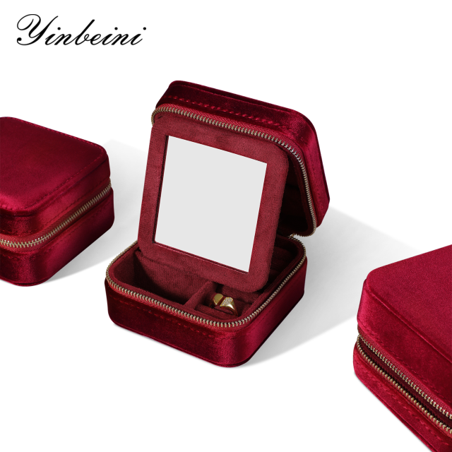 Yinbeini Classic Red Portable Zipper Pouch with Mirror Convenient Storage for Earrings Rings and Jewelry BX001