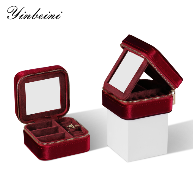 Yinbeini Classic Red Portable Zipper Pouch with Mirror Convenient Storage for Earrings Rings and Jewelry BX001