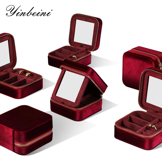 Yinbeini Classic Red Portable Zipper Pouch with Mirror Convenient Storage for Earrings Rings and Jewelry BX001