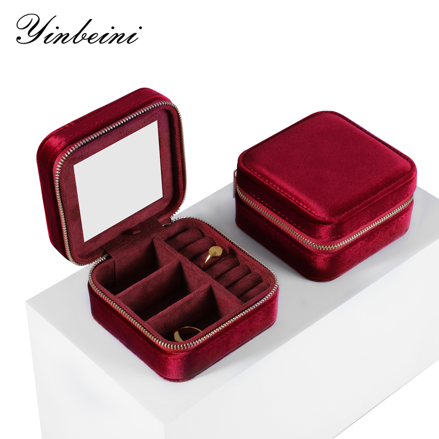 Yinbeini Classic Red Portable Zipper Pouch with Mirror Convenient Storage for Earrings Rings and Jewelry BX001