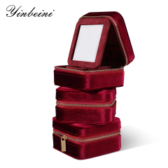 Yinbeini Classic Red Portable Zipper Pouch with Mirror Convenient Storage for Earrings Rings and Jewelry BX001
