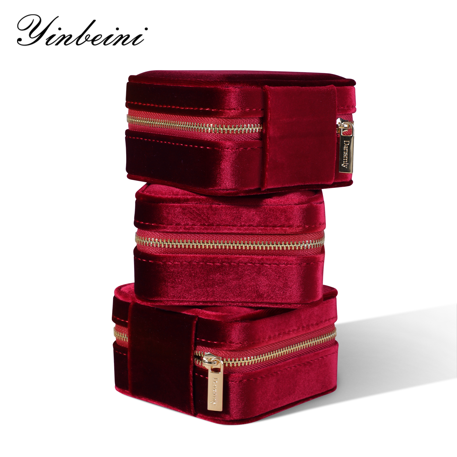 Yinbeini Classic Red Portable Zipper Pouch with Mirror Convenient Storage for Earrings Rings and Jewelry BX001
