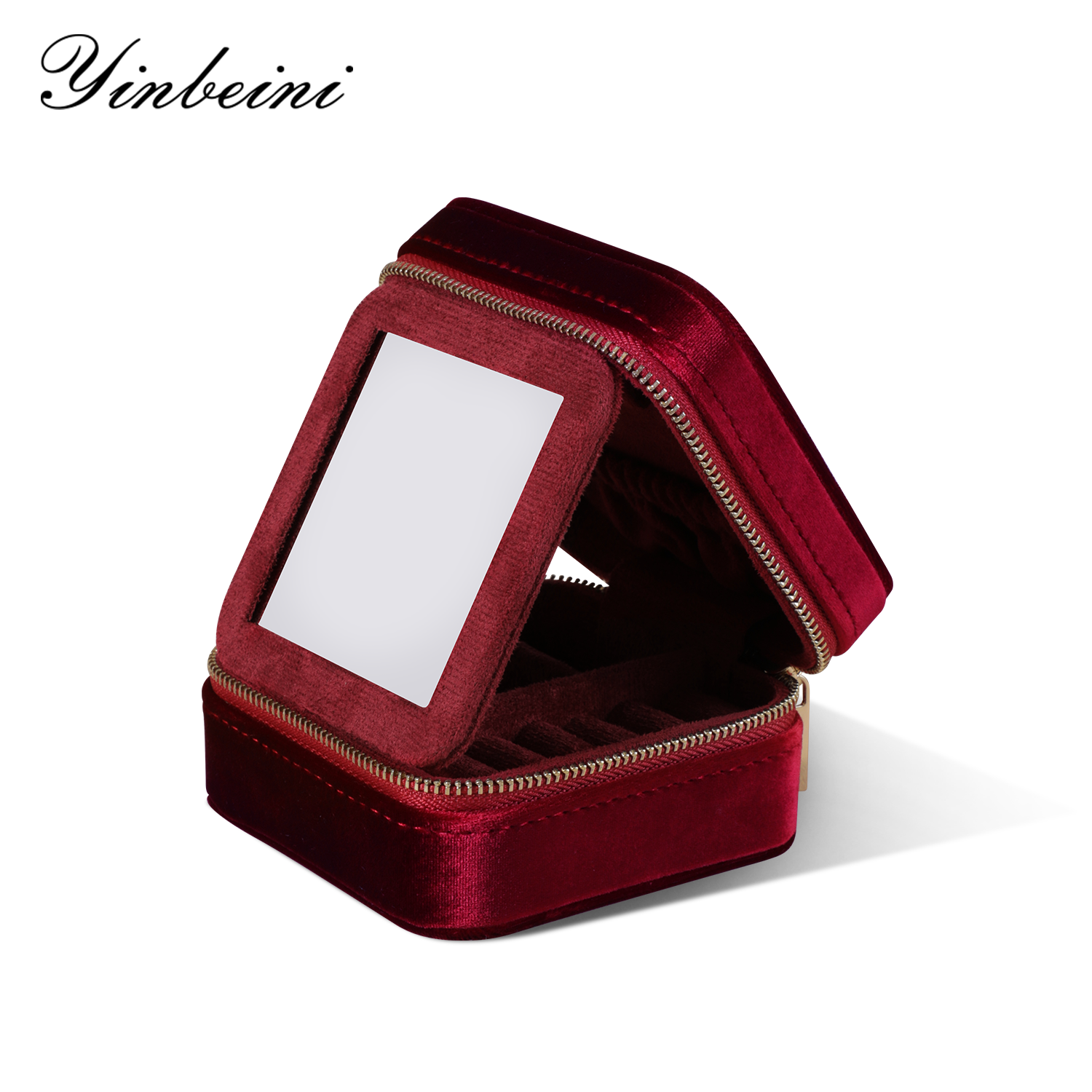 Yinbeini Classic Red Portable Zipper Pouch with Mirror Convenient Storage for Earrings Rings and Jewelry BX001