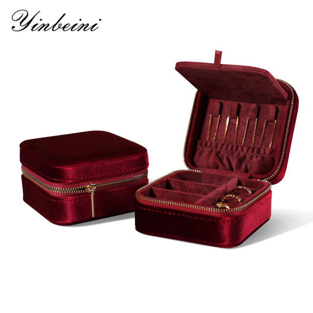 Yinbeini Classic Red Portable Zipper Pouch with Mirror Convenient Storage for Earrings Rings and Jewelry BX001