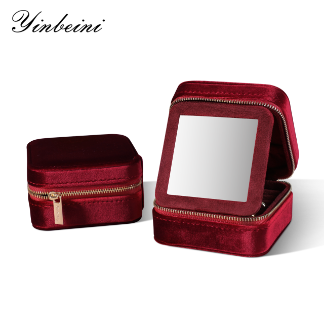 Yinbeini Classic Red Portable Zipper Pouch with Mirror Convenient Storage for Earrings Rings and Jewelry BX001