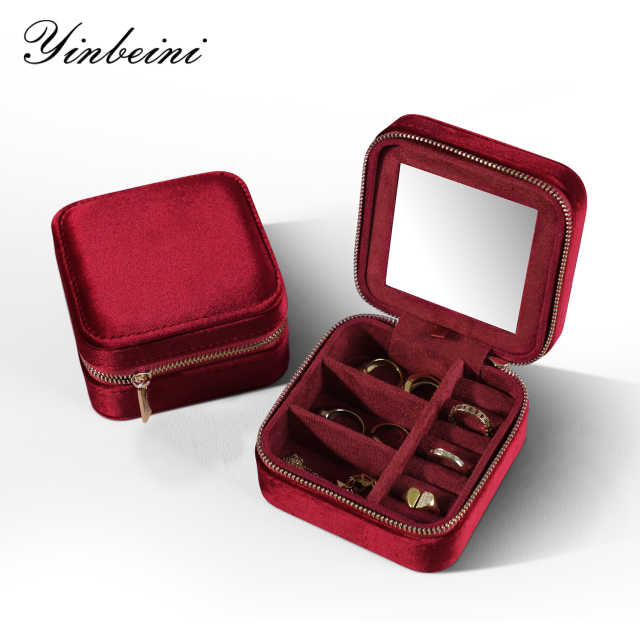 Yinbeini Classic Red Portable Zipper Pouch with Mirror Convenient Storage for Earrings Rings and Jewelry BX001