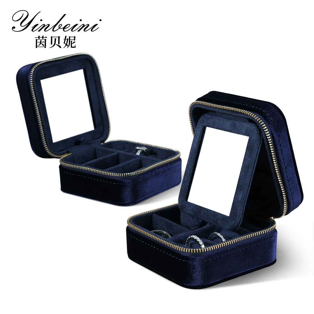 Yinbeini Multifunctional Velvet Blue Zippered Jewelry Earrings Ring Bracelet Necklace Storage Box with Mirror BX001
