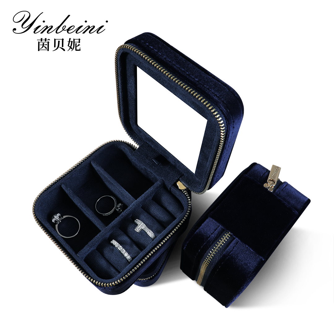Yinbeini Multifunctional Velvet Blue Zippered Jewelry Earrings Ring Bracelet Necklace Storage Box with Mirror BX001