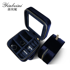 Yinbeini Multifunctional Velvet Blue Zippered Jewelry Earrings Ring Bracelet Necklace Storage Box with Mirror BX001