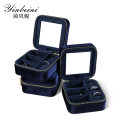 Yinbeini Multifunctional Velvet Blue Zippered Jewelry Earrings Ring Bracelet Necklace Storage Box with Mirror BX001