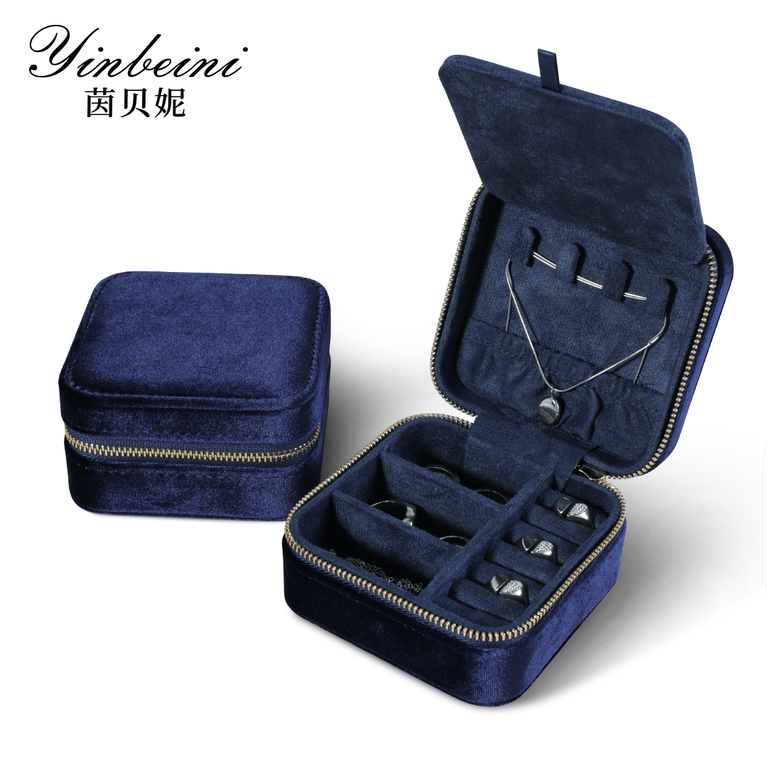 Yinbeini Multifunctional Velvet Blue Zippered Jewelry Earrings Ring Bracelet Necklace Storage Box with Mirror BX001