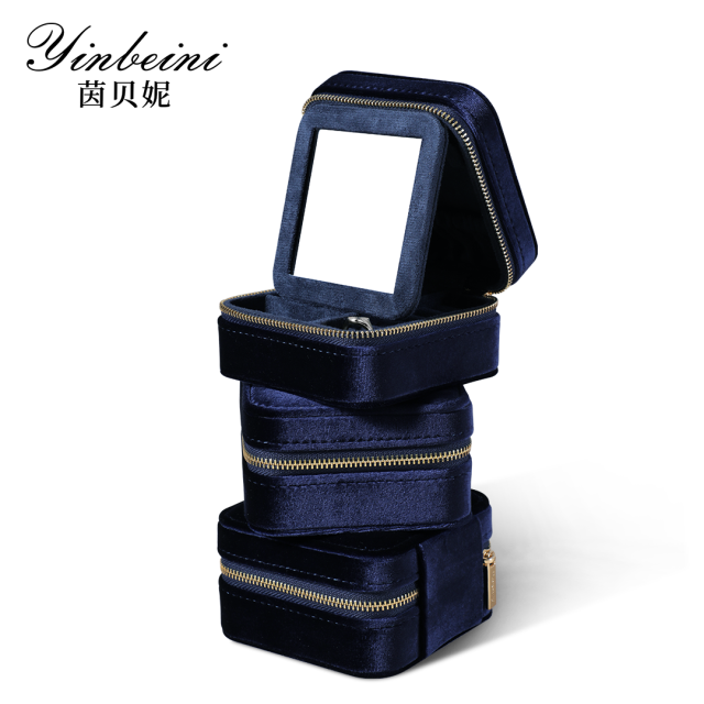 Yinbeini Multifunctional Velvet Blue Zippered Jewelry Earrings Ring Bracelet Necklace Storage Box with Mirror BX001