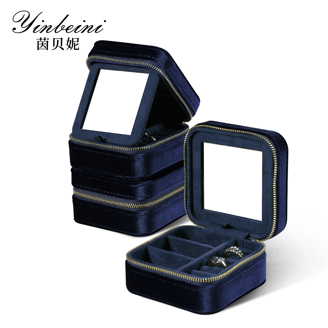 Yinbeini Multifunctional Velvet Blue Zippered Jewelry Earrings Ring Bracelet Necklace Storage Box with Mirror BX001