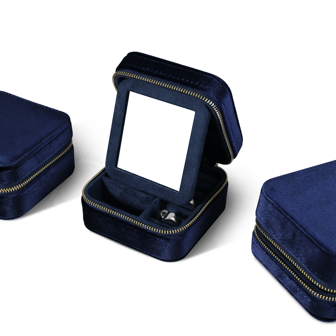 Yinbeini Multifunctional Velvet Blue Zippered Jewelry Earrings Ring Bracelet Necklace Storage Box with Mirror BX001
