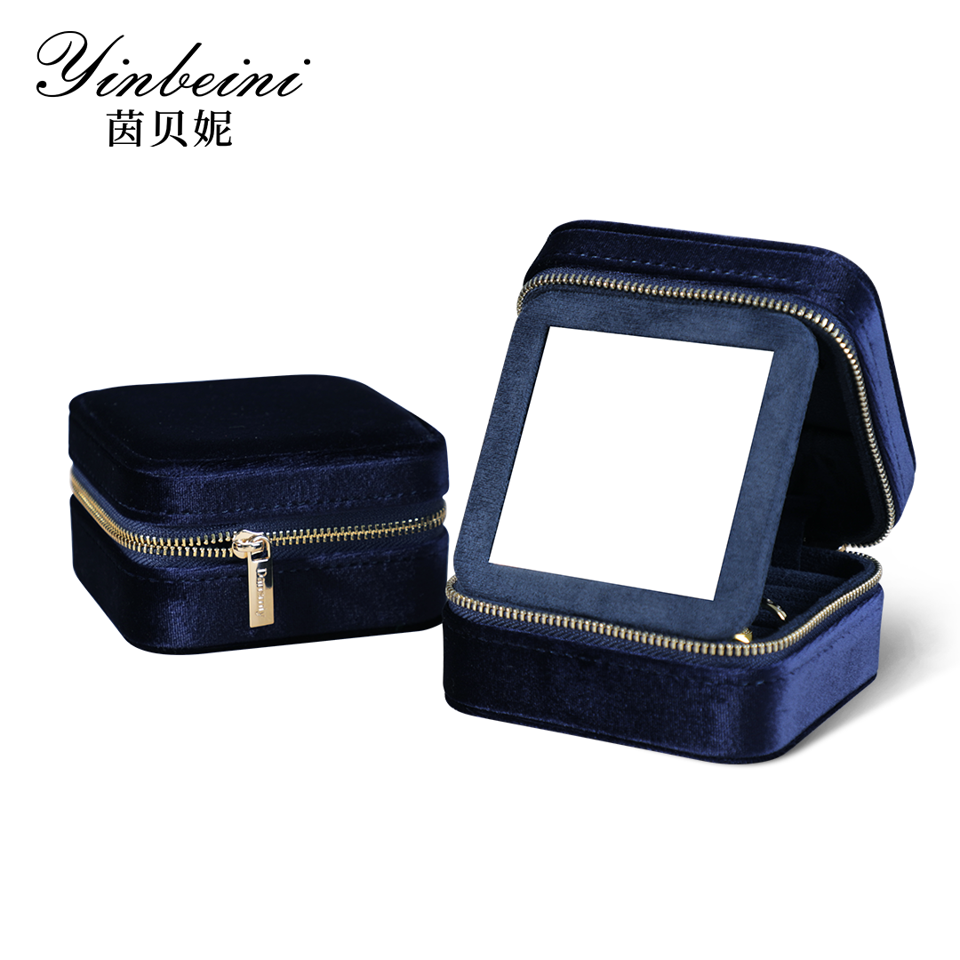 Yinbeini Multifunctional Velvet Blue Zippered Jewelry Earrings Ring Bracelet Necklace Storage Box with Mirror BX001