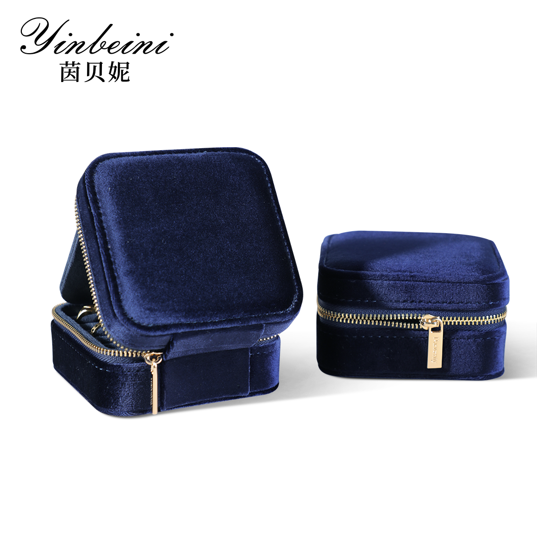 Yinbeini Multifunctional Velvet Blue Zippered Jewelry Earrings Ring Bracelet Necklace Storage Box with Mirror BX001