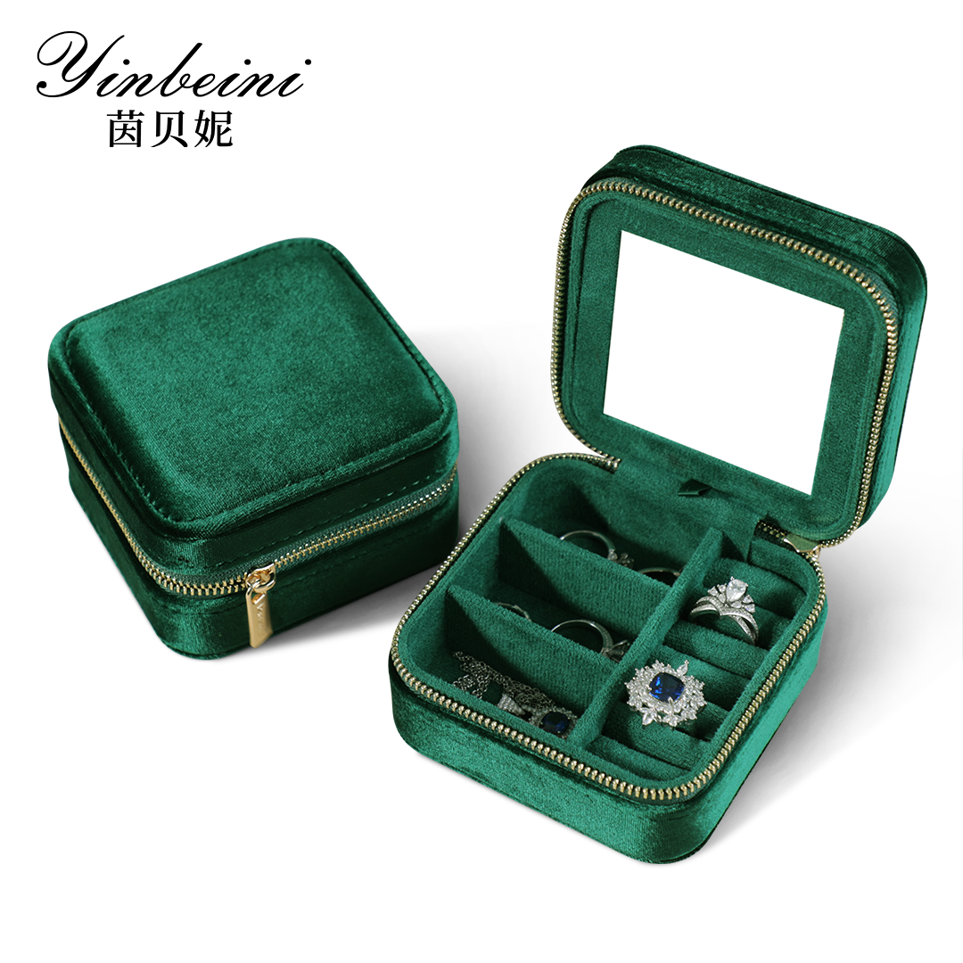 Yinbeini Velvet Emerald Green Zippered Earrings Ring Box with Mirror Jewelry Storage Solution BX001