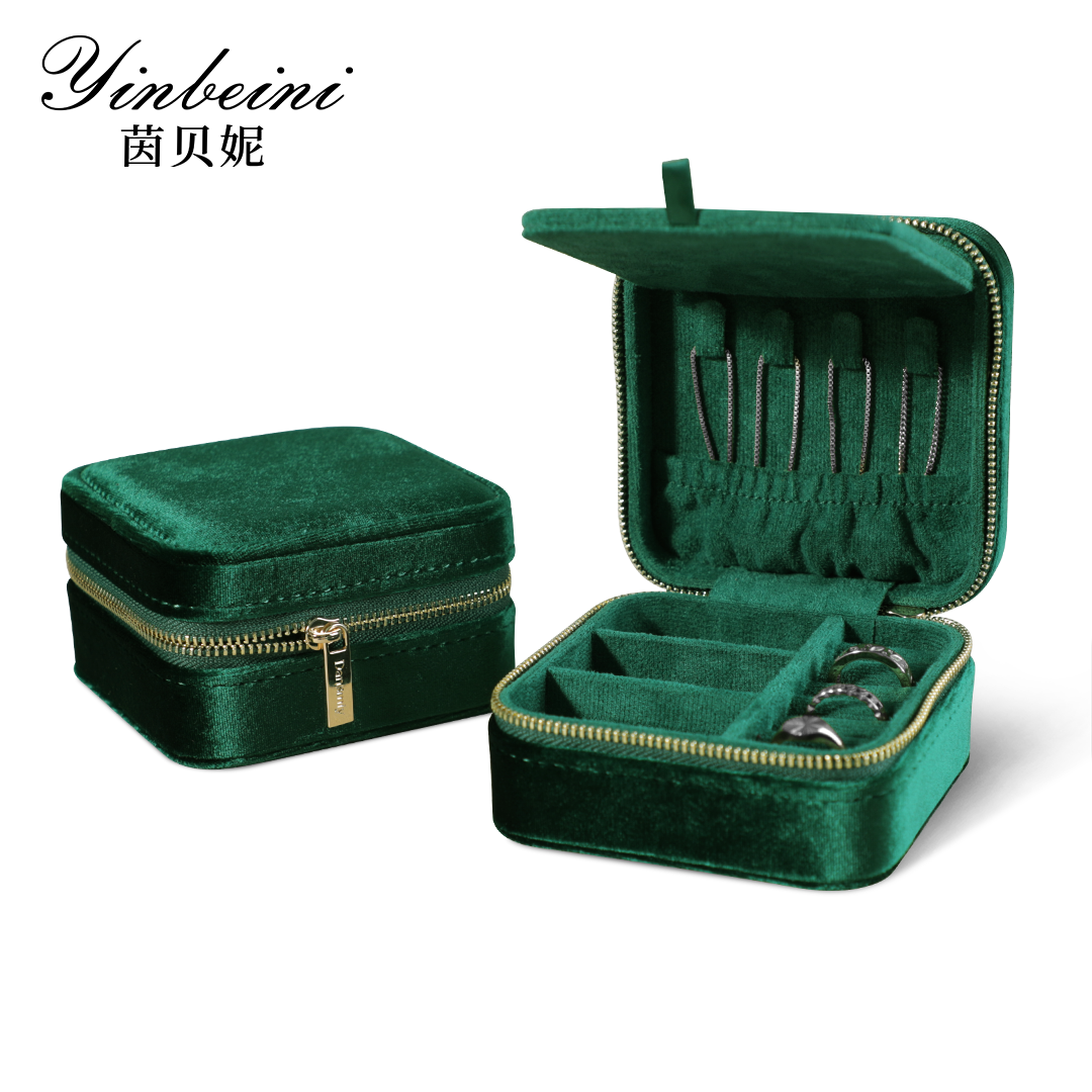 Yinbeini Velvet Emerald Green Zippered Earrings Ring Box with Mirror Jewelry Storage Solution BX001