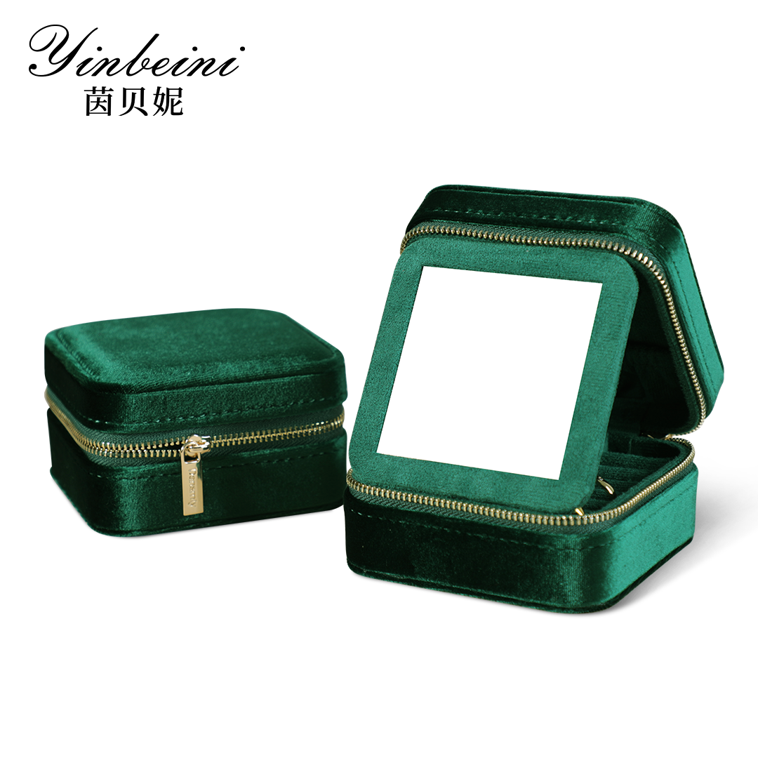 Yinbeini Velvet Emerald Green Zippered Earrings Ring Box with Mirror Jewelry Storage Solution BX001