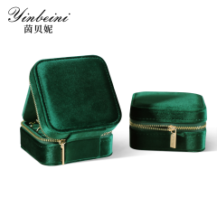 Yinbeini Velvet Emerald Green Zippered Earrings Ring Box with Mirror Jewelry Storage Solution BX001