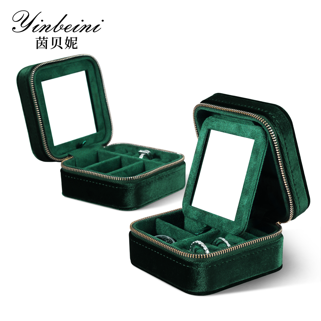 Yinbeini Velvet Emerald Green Zippered Earrings Ring Box with Mirror Jewelry Storage Solution BX001