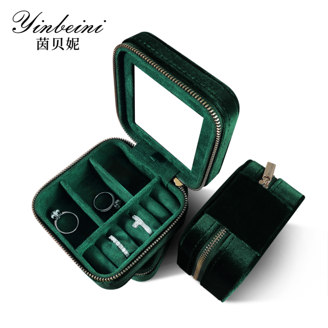 Yinbeini Velvet Emerald Green Zippered Earrings Ring Box with Mirror Jewelry Storage Solution BX001