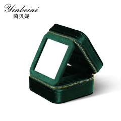 Yinbeini Velvet Emerald Green Zippered Earrings Ring Box with Mirror Jewelry Storage Solution BX001