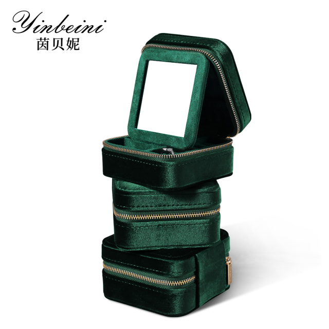 Yinbeini Velvet Emerald Green Zippered Earrings Ring Box with Mirror Jewelry Storage Solution BX001