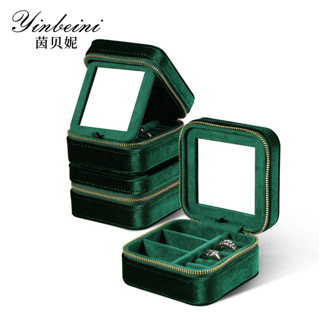 Yinbeini Velvet Emerald Green Zippered Earrings Ring Box with Mirror Jewelry Storage Solution BX001