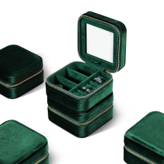 Yinbeini Velvet Emerald Green Zippered Earrings Ring Box with Mirror Jewelry Storage Solution BX001
