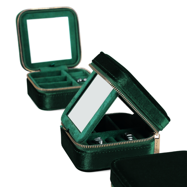 Yinbeini Velvet Emerald Green Zippered Earrings Ring Box with Mirror Jewelry Storage Solution BX001