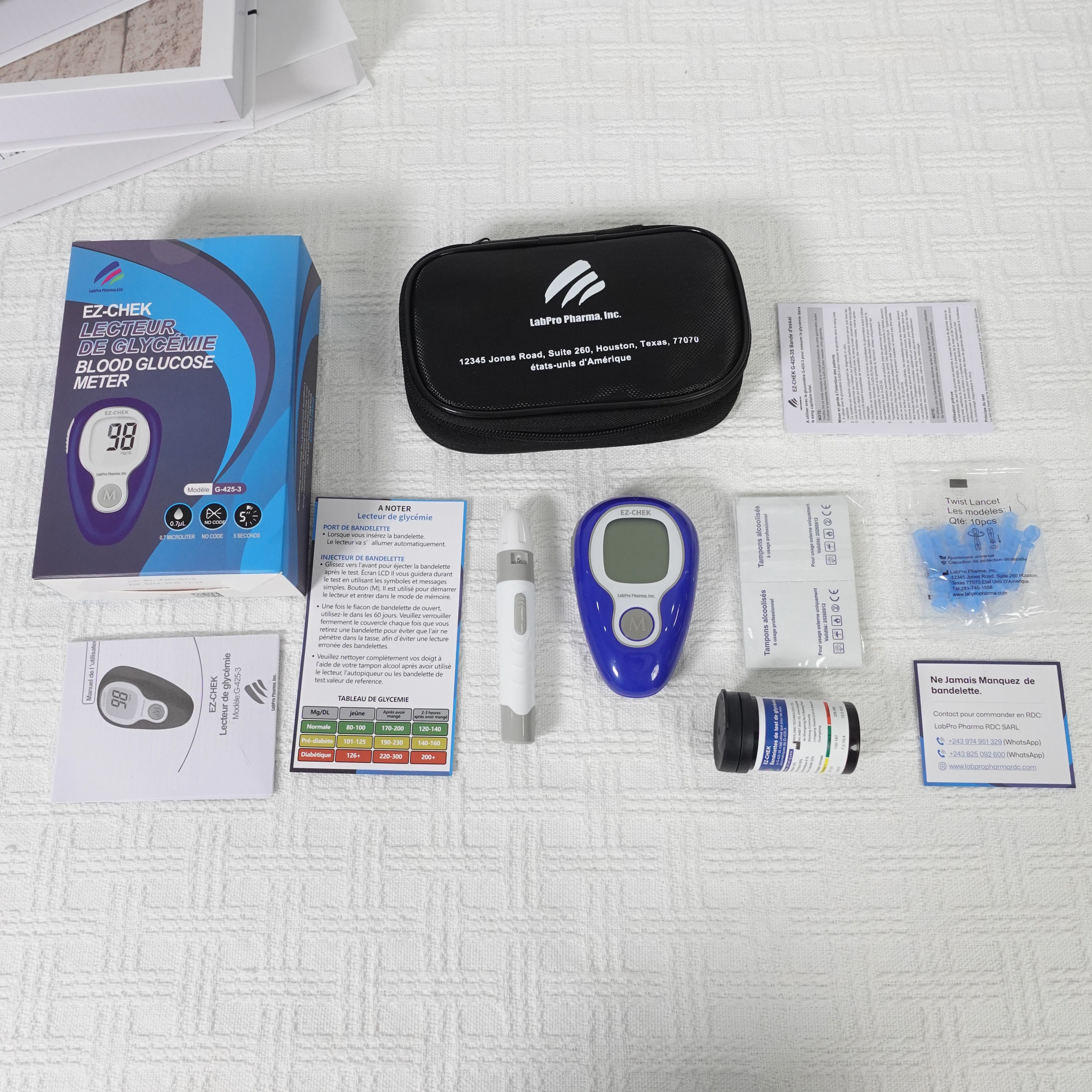 EZCHEK G-425-3 Digital Blood Glucose Monitor with testing supplies