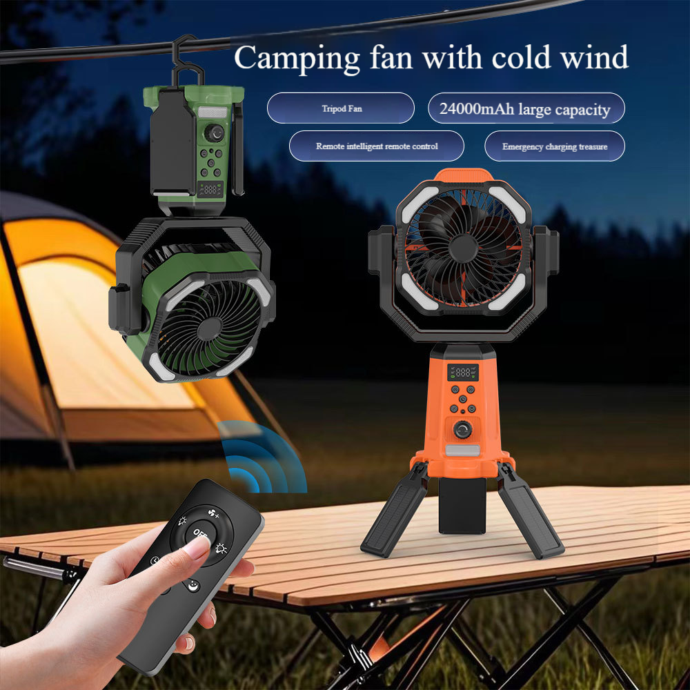 Madefan Campingventilator mit Sprühfunktion: 16000mAh Akku & faltbares Stativ
