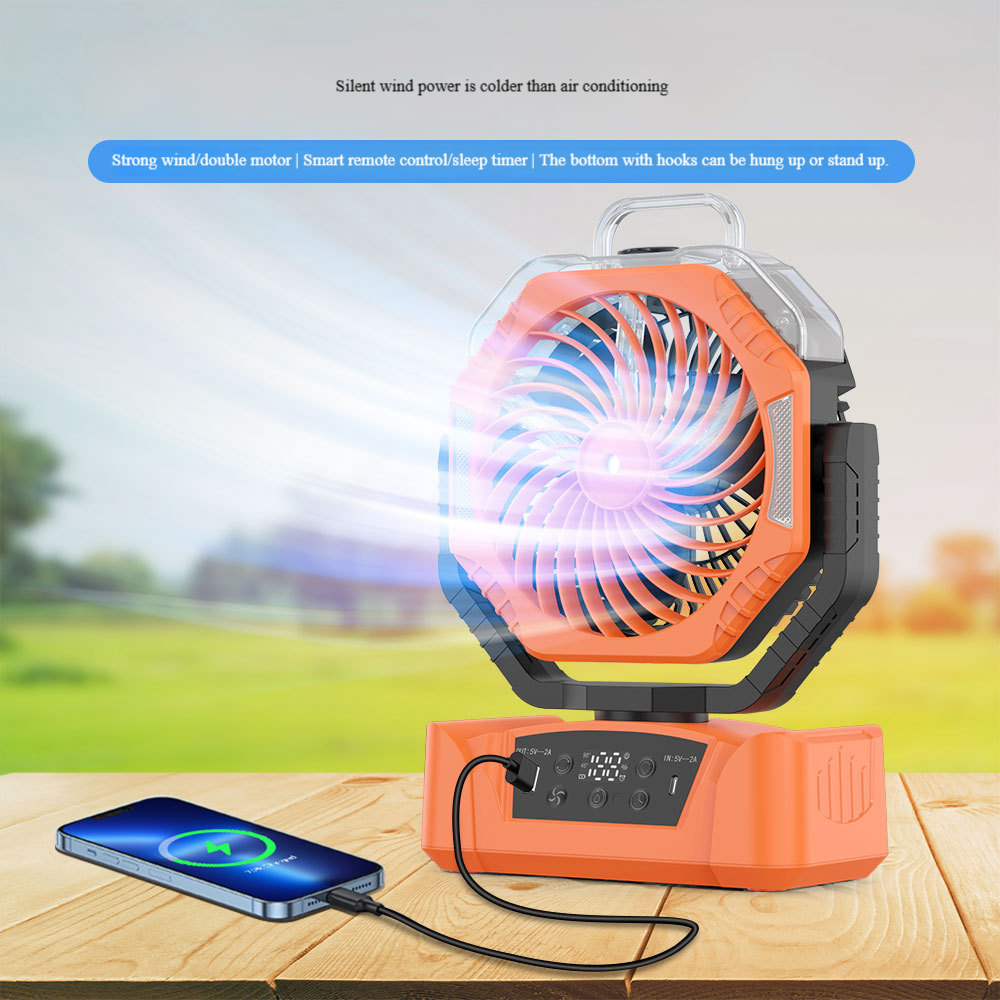 Ventilatore da campeggio oscillante automatico Madefan: 100 velocità, power bank da 8000 mAh e gancio
