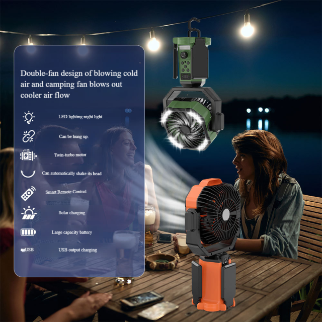 Madefan Campingventilator mit Sprühfunktion: 16000mAh Akku & faltbares Stativ