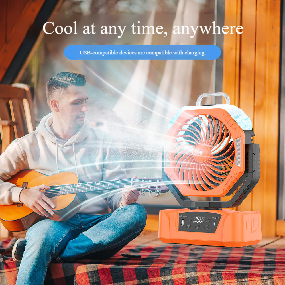 Ventilatore da campeggio oscillante automatico Madefan: 100 velocità, power bank da 8000 mAh e gancio