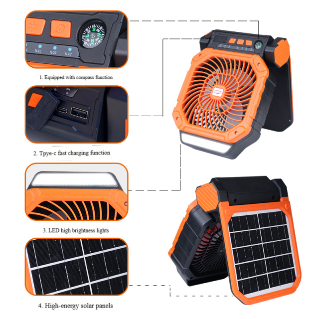 Madefan X16 Solar Rechargeable Camping Fan with LED Lantern & Compass