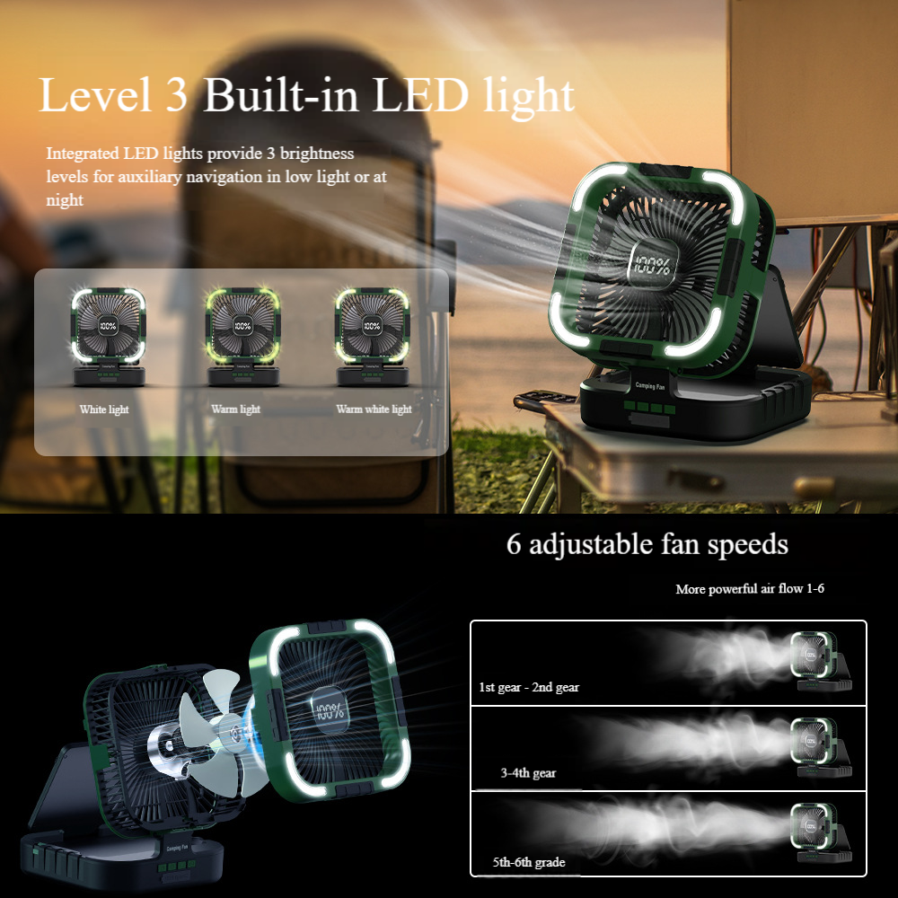 Madefan SM-F905 10000mAh Solar-Campingventilator mit LCD-Display und LED-Beleuchtung