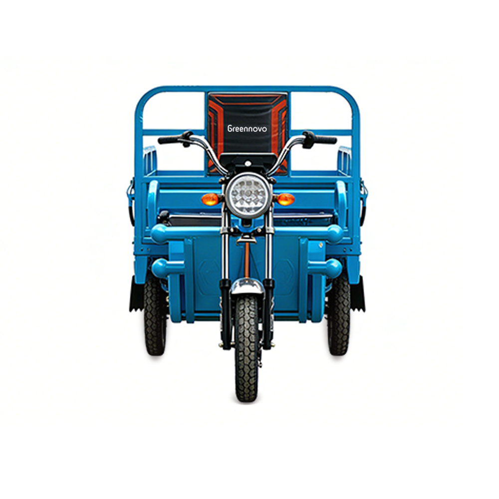 Tricycle cargo électrique Greennovo ETR-B015 à trois roues, alimenté par batterie 1200 W, avec cabine intégrée.