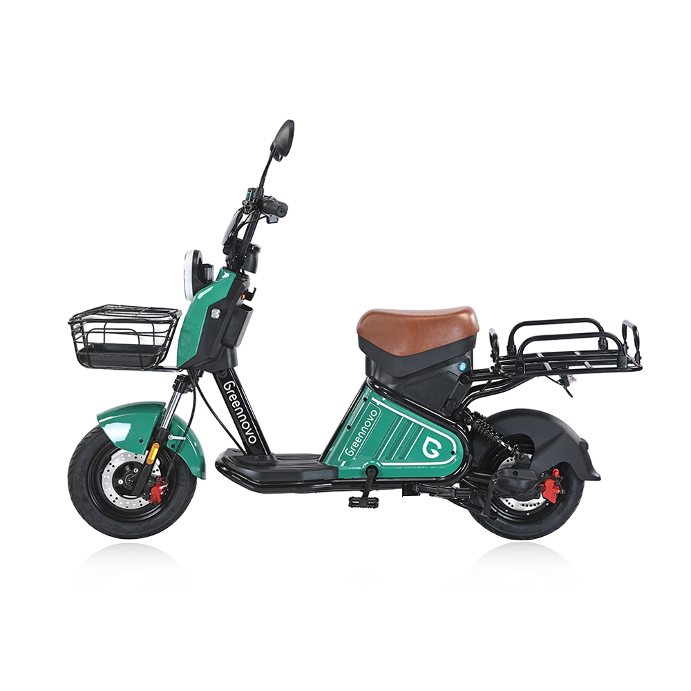 Greennovo ETW-F011, motocicleta eléctrica de dos ruedas, ebike e-moped con portaequipajes trasero para mercancías.