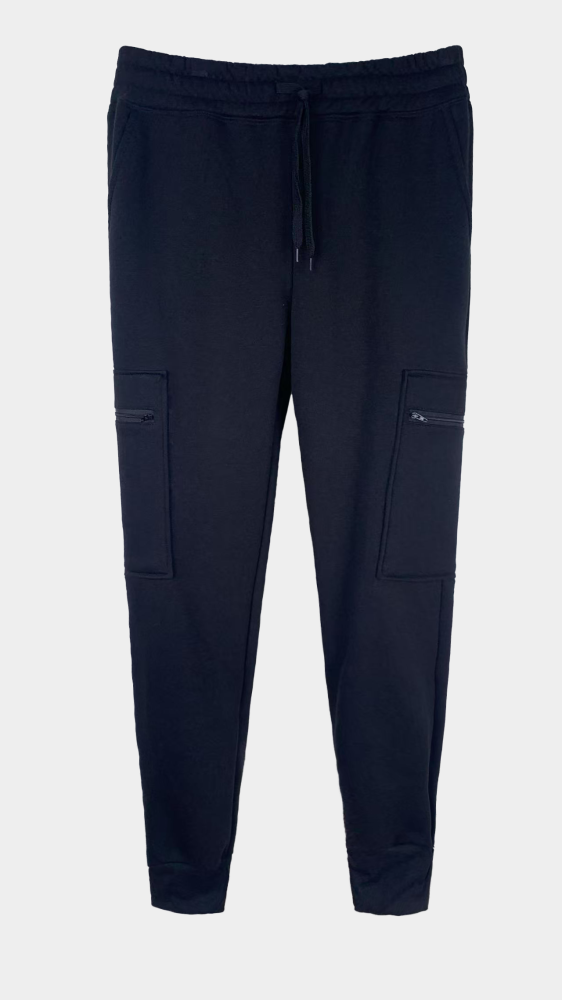 Men’s Black Polyester Cargo Joggers - Elastic - Waist with Zipper Pockets, Casual Athletic Sweatpants