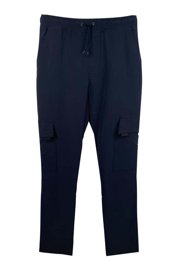 Men's Elastic - Waist Cargo Pants with Drawstring - 92% Polyester 8% Spandex, Navy Blue Multi - Pocket Casual Trousers